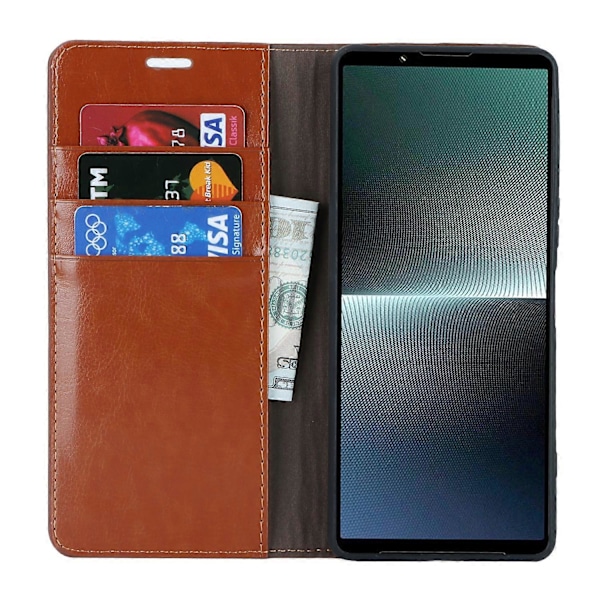 Sony Xperia 1 V -puhelimelle tarkoitettu lompakkokotelo, aitoa lehmännahkaa, jalustalla Multicolor Style C