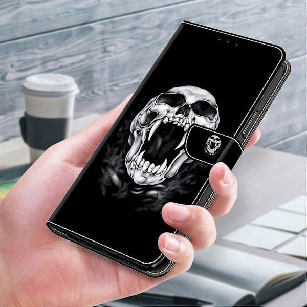 Skal för Samsung Galaxy S24 FE Mönstertryckt Skyddande Läder Flip Fodral - Panda Multicolor Skull
