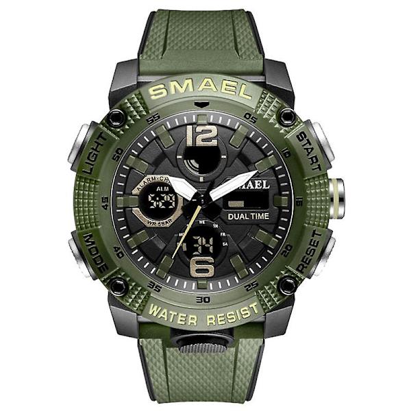 Smael Dual Time Led Display Digital watch För män Vattentät Simning Quartz Sportklockor Auto Date Alarm Clock Armbandsur 8039 Green