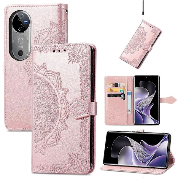 Til vivo V40 5G Etui Mandala Præget Design Læder Wallet Telefon Cover - Grå Multicolor Rose Gold