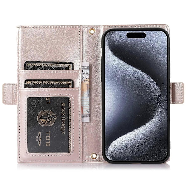 For iPhone 15 Pro Max Deksel Litchi Tekstur Glidelåslomme Lærdeksel med Stropp Multicolor Style A
