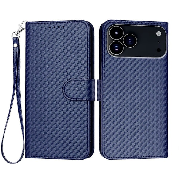 Plånboksfodral för iPhone 17 Pro Max med rem, kolfibertextur läder mobilskal Multicolor Royal Blue