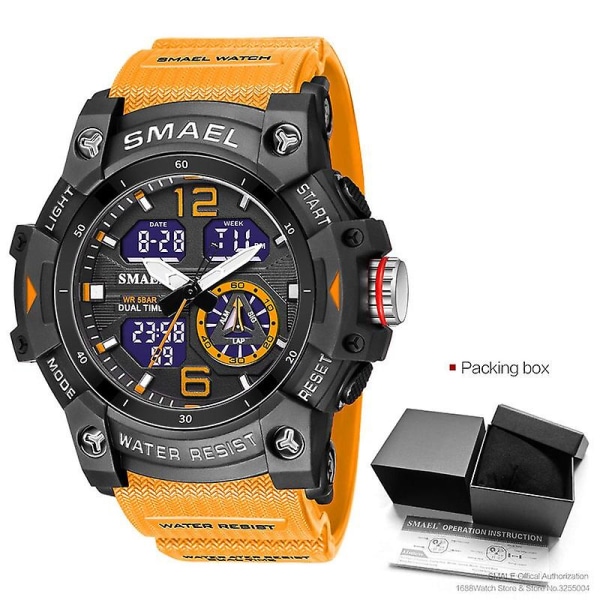 Smael Dual Time Led Display Watch För Män Militär Sport Digitala Klockor Dam Unisex Vattentät Auto Date Week Armbandsur 8007 Orange-Box