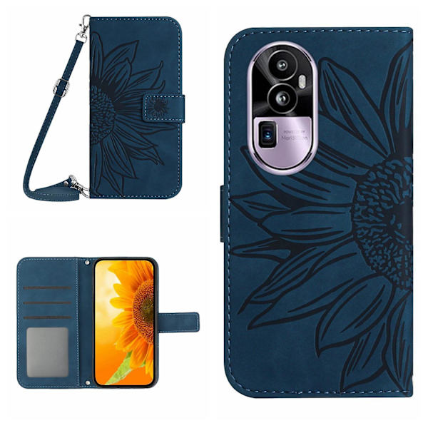 Ht04 Pu Läder Phone case För Oppo Reno10 Pro+ 5g Sunflower Imprint Cover med axelrem Dark Blue