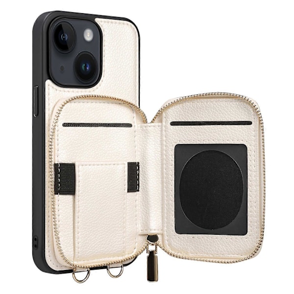 För iPhone 15 Plus Ställ Zipper Plånbok Baksida PU Läder+TPU Mobilskal med Kedjerem Multicolor Style A