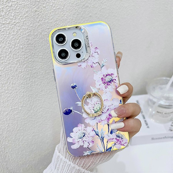 Blommig Lasertextur Skal för iPhone 15 Pro Max med Ringstativ Multicolor Style J