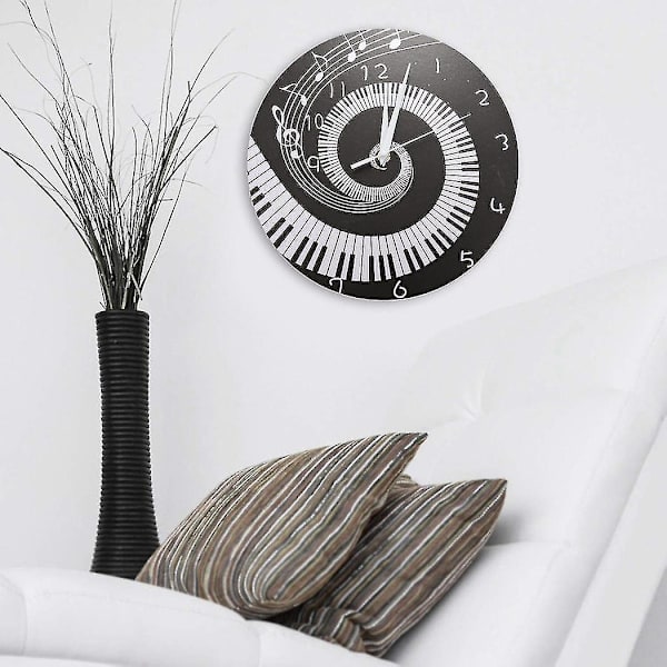 2 x Elegante klaver tangent ur musik noder bølge rundt moderne vægur uden batteri sort + hvid A