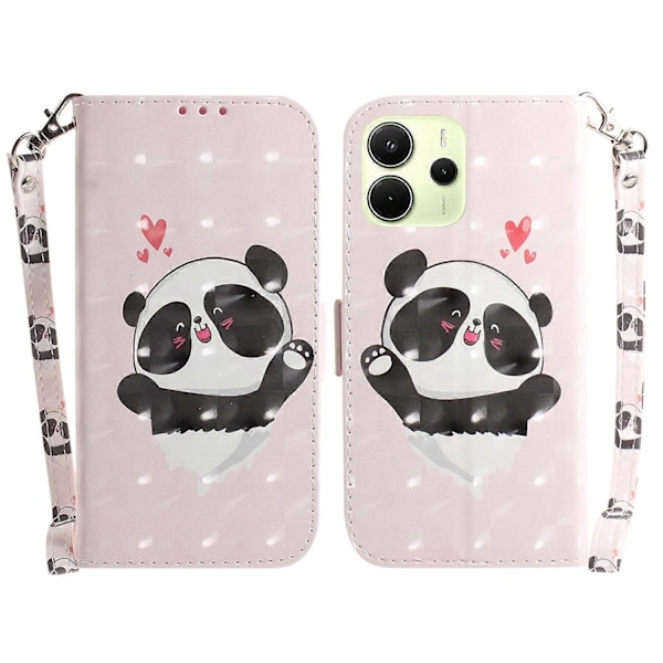 Til Xiaomi Redmi Note 14 4G Etui Mønstertryk Læder Wallet Telefon Cover med Håndledsrem Multicolor Love Heart Panda