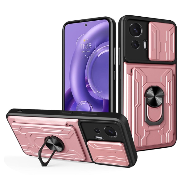 Stötsäkert cover för Motorola Edge 30 Neo 5g, Ring Kickstand phone case med skjutkamera skyddskorthållare Rose Gold