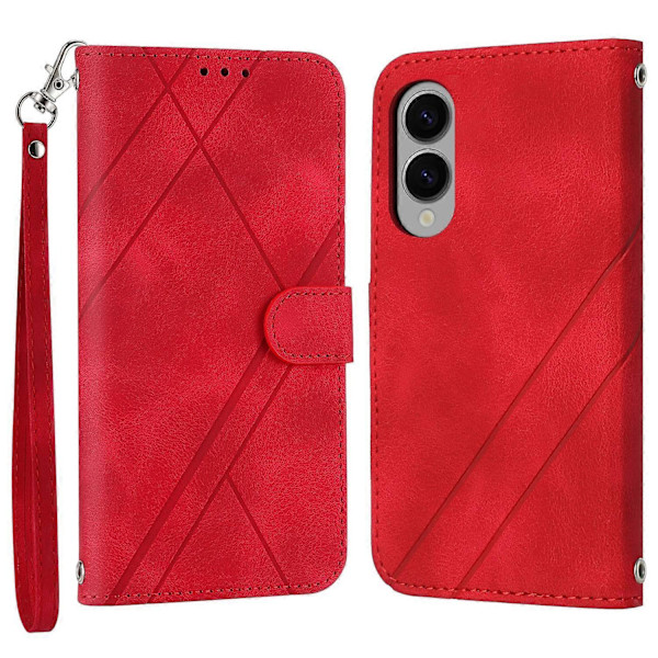 Til Samsung Galaxy S25 Edge Etui Præget Linje Læder Telefon Cover med Praktisk Rem Multicolor Red