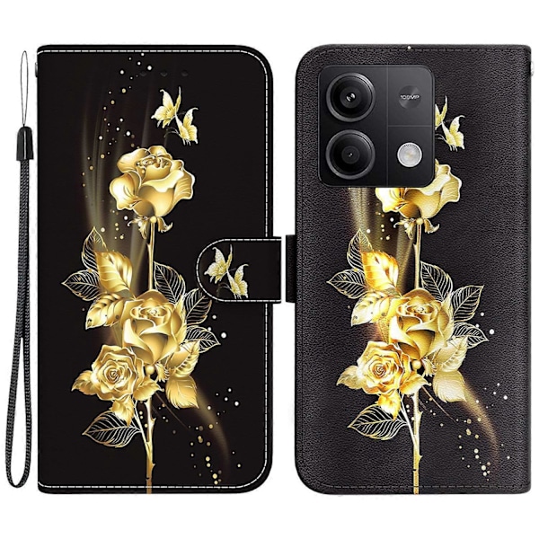 Læderetui med mønstertryk og tegnebogsomslag til Xiaomi Redmi Note 13 5G/Note 13 5G Multicolor Gold Butterfly Rose