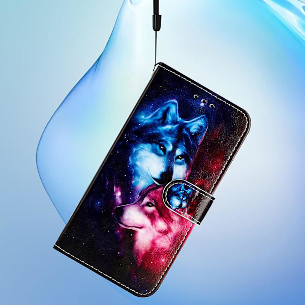 Telefonlommebokdeksel med mønstertrykk for iPhone 15, PU-lærstativ Anti-fall deksel Couple Wolf