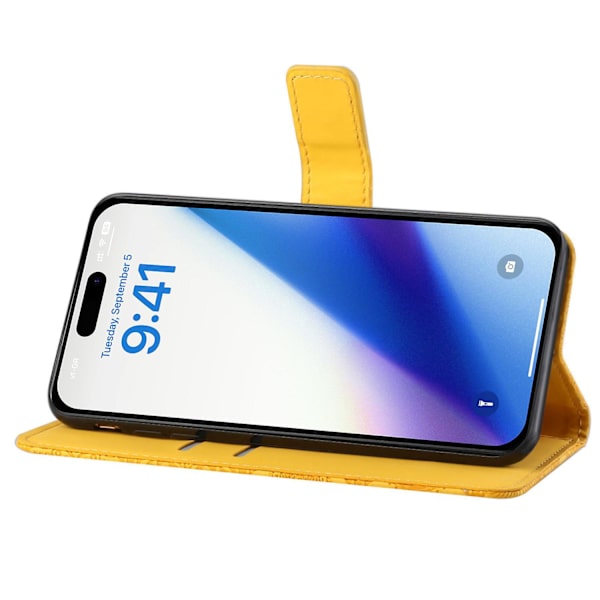 Læder Wallet Case til iPhone 15 Pro, Præget Blomster Folio Flip Stand Telefon Cover Yellow