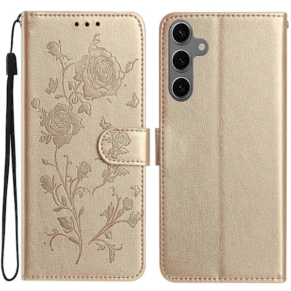 Til Samsung Galaxy S25+/ S24+ Wallet Case Rose Mønster Præget Læder Flip Stand Telefon Cover Multicolor Gold