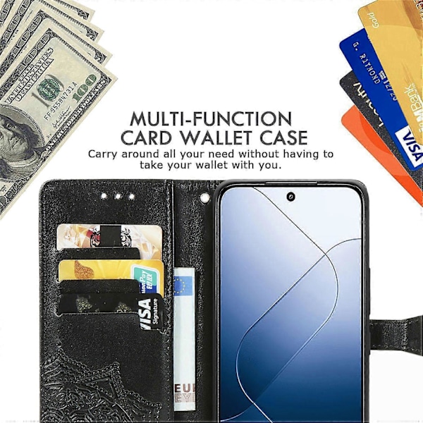 Til Xiaomi 14T Pro Etui Mandala Præget Design Læder Wallet Telefon Cover - Grå Multicolor Black