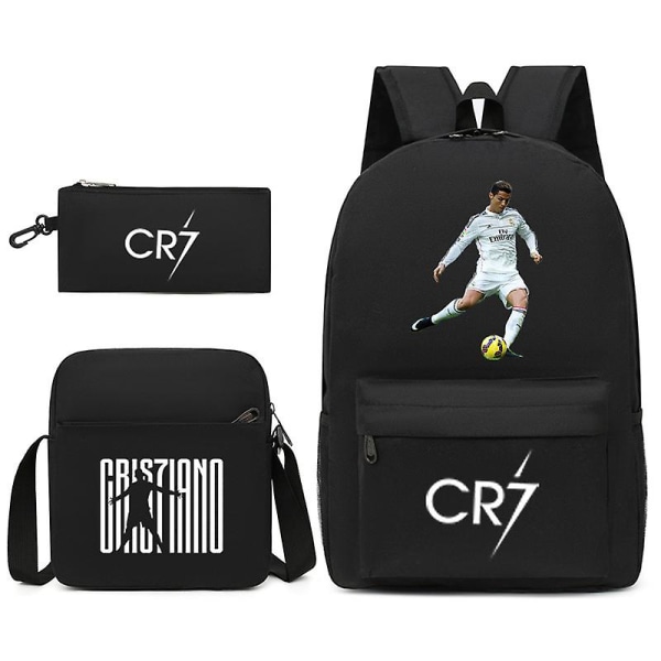 Fotbollsstjärna C Ronaldo Cr7 ryggsäck med printed runt studenten Tredelad ryggsäck. Black 2 Black 2 Backpack pencil case