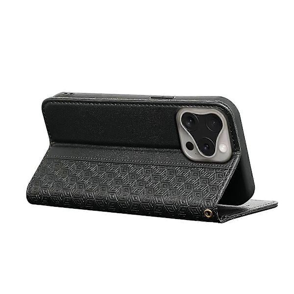 Plånboksfodral för iPhone 16 Pro Stark Magnetisk Rutmönstrad Präglad Läder Flip Cover Multicolor Black
