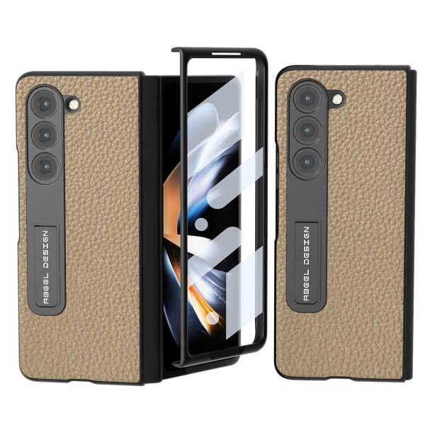 För Samsung Galaxy Z Fold5 5g Kickstand case Litchi Texture Kohud Läderbelagd PC- cover Khaki