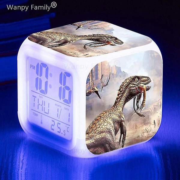 Tyrannosaurus Dinosaurie Väckarklocka 7 färgbyte Multifunktions väckningstimer Barnrum Lysande elektronisk watch Present till barn Gray