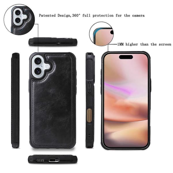 KT Multi-Functional Series-3 Deksel til iPhone 16 Plus PU-Lær Glidelås Lommebok Avtakbart Deksel Multicolor Black