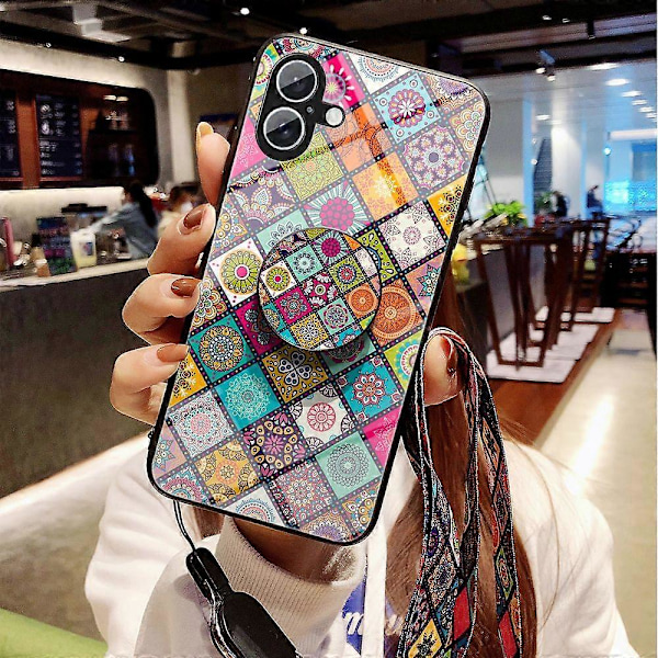 Skal till iPhone 16 Plus med Stöd Etniskt Mönster Härdat Glas Telefonskydd med Rem Multicolor Checkered Pattern