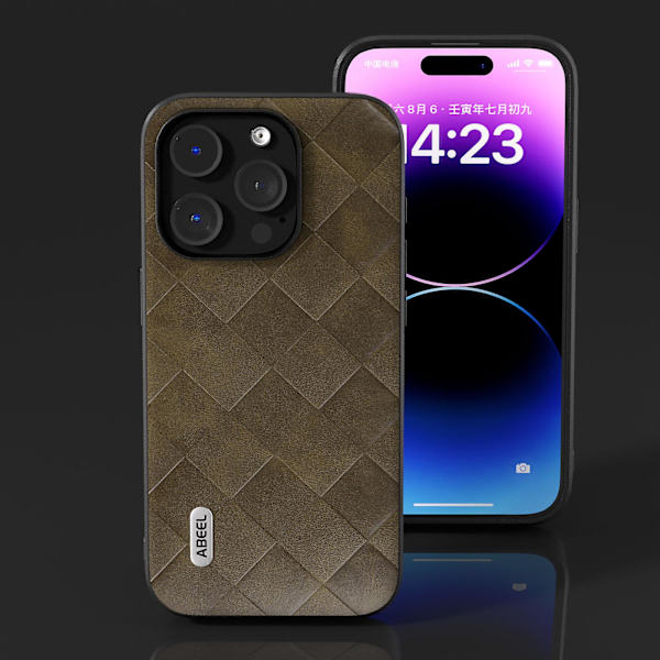 För Iphone 15 Pro Max repsäkert Pu-läderbelagd Pc+tpu Phone case Grid Texture Cover Green