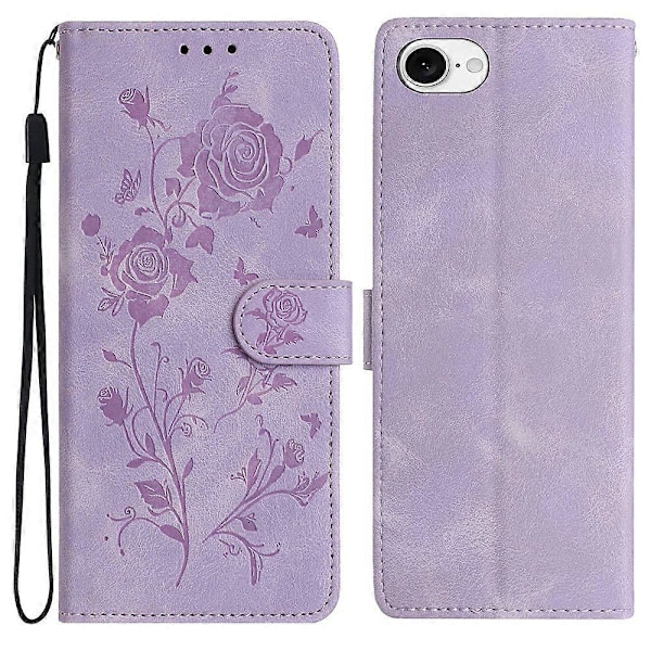 Plånboksfodral för iPhone 16e Rosmönster Präglat Läder Flip Ställ Telefonskal Multicolor Light Purple