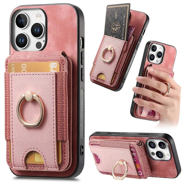D14 Skal för iPhone 16 Pro med Avtagbar Korthållare Ställ Läder Baksida - Grön Multicolor Pink