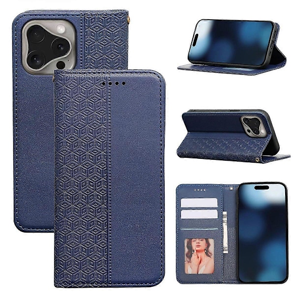 Plånboksfodral för iPhone 16 Pro Max Stark Magnetisk Rutmönstrad Präglad Läder Flip Cover Multicolor Blue