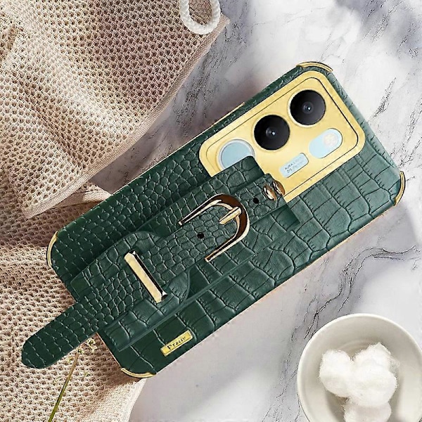 Til vivo S17 5G PU Læderbelagt TPU Etui Håndledsrem Støtteben Elektroplettering Telefoncover Multicolor Style C