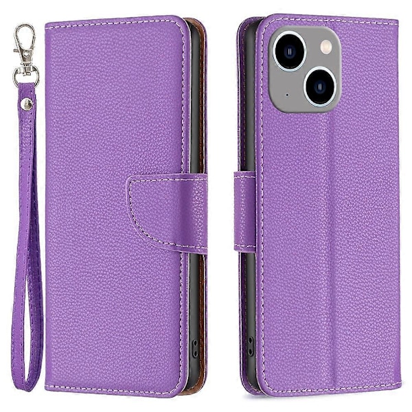 Til iPhone 15 Plus Støvtæt PU Læder Mobiltelefon Cover Wallet Flip Stand Case med Rem Multicolor Style B