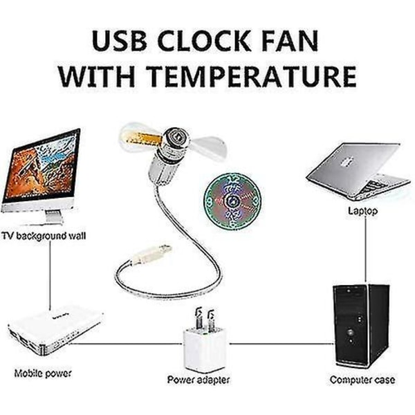 Ny USB klockfläkt med realtidsklocka och temperaturdisplayfunktion, silver, 1 års garanti (temperatur och klocka)