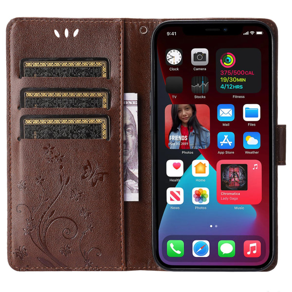 För Iphone 15 Plus Pu Läder Cover Phone case Imprinted Butterflies Shell Stand with rem Brown