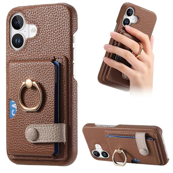 Y2 Fodral till iPhone 16 med Ringhållare, Ställ, Kortfack, Läder Skal - Date Apricot Multicolor Brown