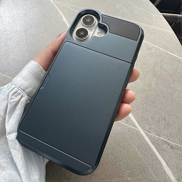 Til iPhone 16 Cover med Skydbart Kortholder PC+TPU Telefon Bagside Cover - Grå Multicolor Blue