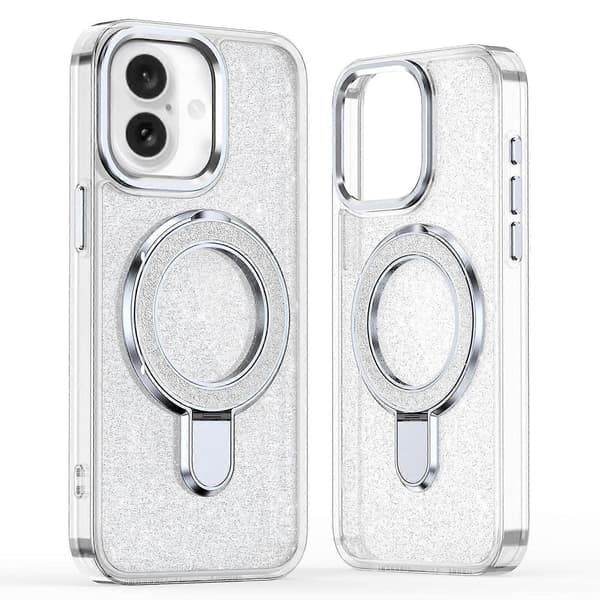 Glitter Design TPU+PC Kickstand Telefonbeskyttelse til iPhone 16 Plus - Sort Multicolor Transparent