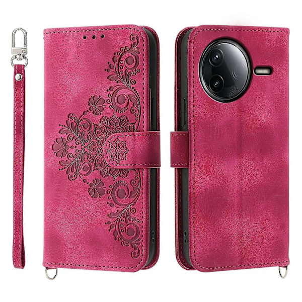 Til Xiaomi Redmi K80 5G/Poco F7 Pro 5G Etui Blomstermønster PU Læder Wallet Telefon Cover med Rem Multicolor Wine Red