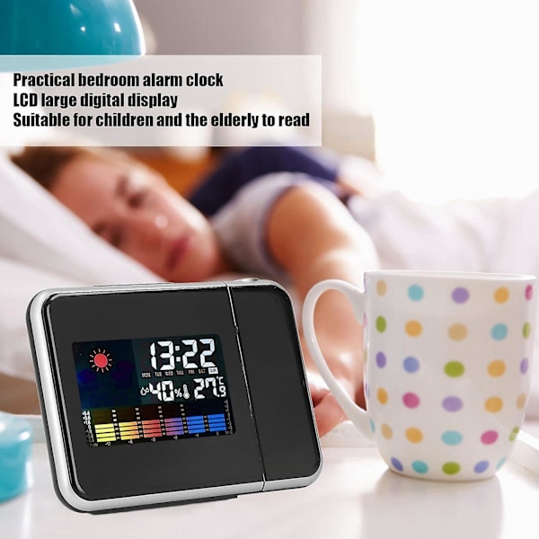 Projektionsväckarklocka med väderstation Projektorklocka med temperaturfuktighet med display LED-bakgrundsbelysning för sovrum (svart)