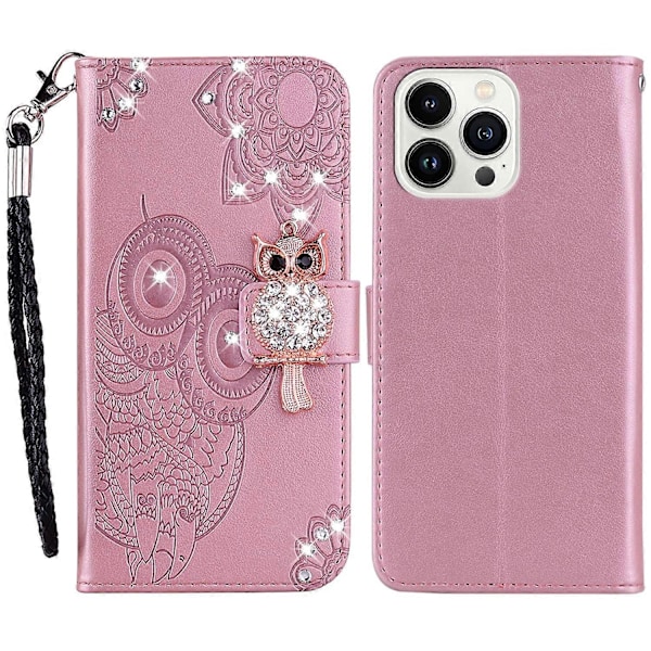 För iPhone 15 Pro Fodral Strass Uggla Tryckt PU Läder Ställ Plånbok Telefonskal Multicolor Style B