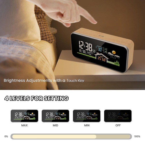 Fanju Trä Väderstation Väckarklocka Inomhus Utomhus Digital Termometer Hygrometer Trådlös LCD-skärm Väderprognos