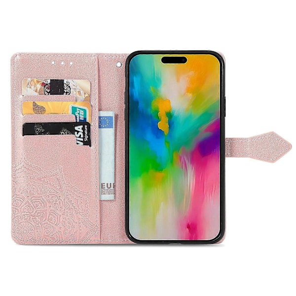 Til iPhone 16 Pro Max Wallet Case Mandala Blomst Læder Telefon Cover Stativ View-Grøn Multicolor Rose Gold