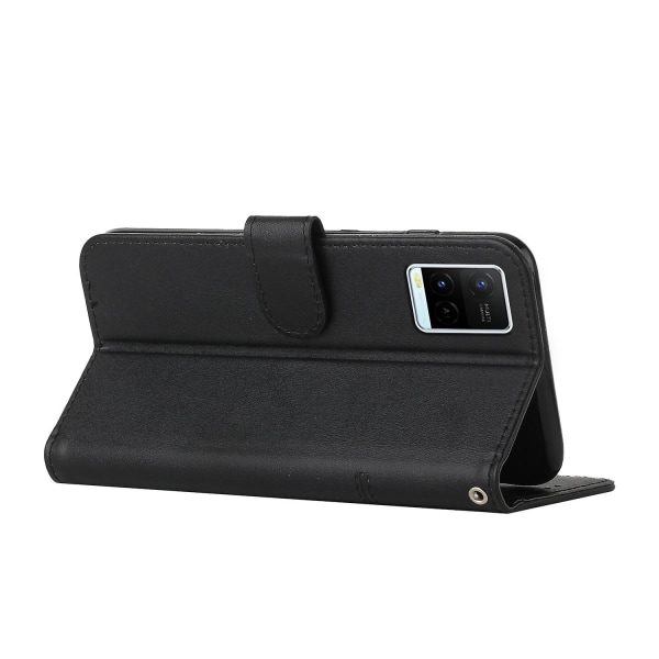 For Vivo Y33s / Y21s / Y21 Sammenleggbart Stativ Sydd Pu-Lærveske Stativ Magnetisk Lukking Støtsikker Flip Folio Bokdeksel Med Stropp Black