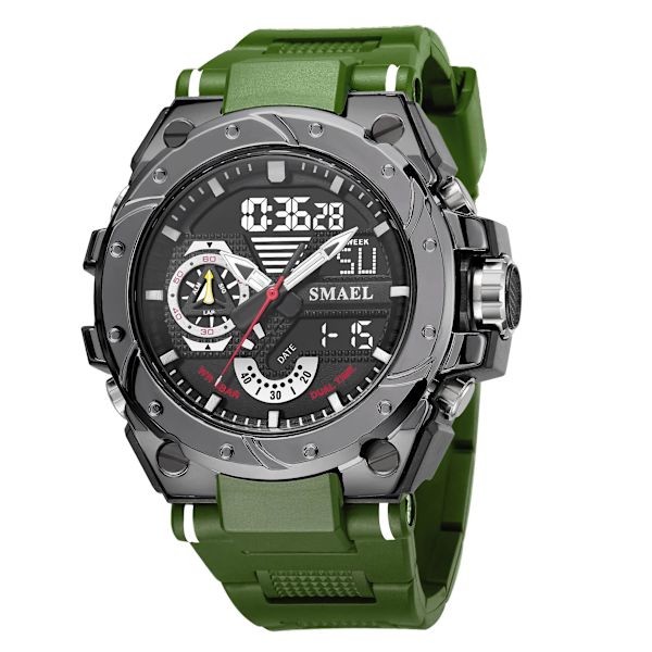 Sportklockor Vattentät Smael Watch Military Army Blue Stoppur Week Display Klocka 8060 Mode Quartz Armbandsur Herr ARMYGREEN