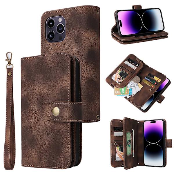 Til Iphone 14 Pro Max Anti-drop Telefon Cover Stativ Lynlåslomme Læder Telefonpung Cover Med Stropper Brown