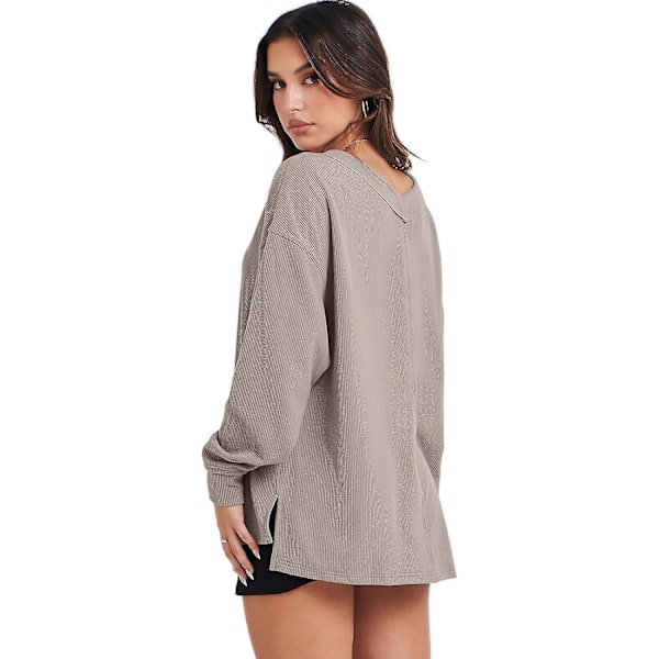 Dam långärmad skjorta V-ringad off-shulder Oversized stickad tröja lös hög låg höst tunika toppar Grey Apricot X-Large