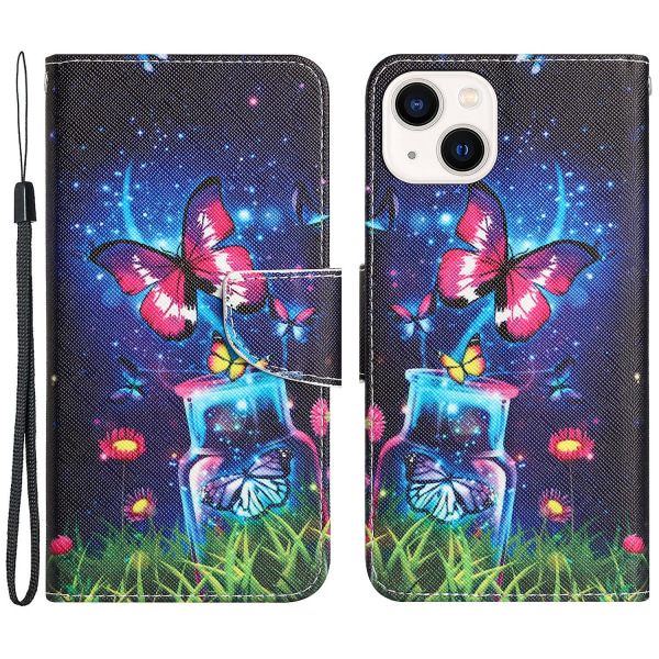 Til Iphone 15 Plus Folio Pu Læder Stand Wallet Case Mønster Print Telefon Cover Med Rem Bottle and Butterfly