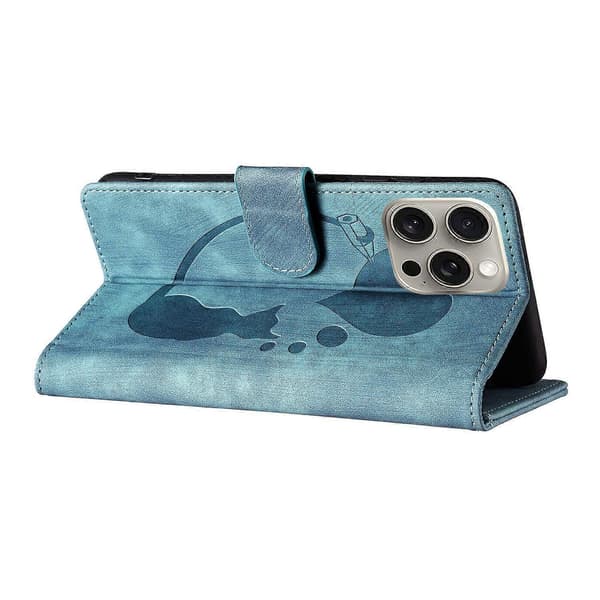Til iPhone 16 Pro Max Cover Hjerte Kat Foldbart Stativ PU Læder Telefon Cover - Grøn Multicolor Blue