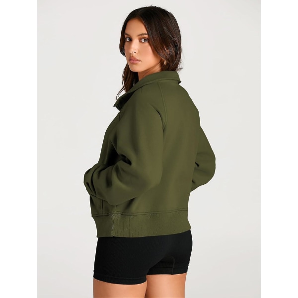 Dame Sweatshirts Halv Lynlås Cropped Pullover Fleece Kvart Lynlås Hættetrøjer Efterårsoutfits Tøj Tommelfingerhul Armygreen Small