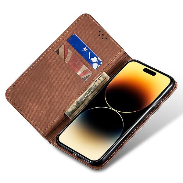 Phone case För Iphone 15, Plånboksställ Cover Pu Läder Jeans Tyg Texture Shell Coffee