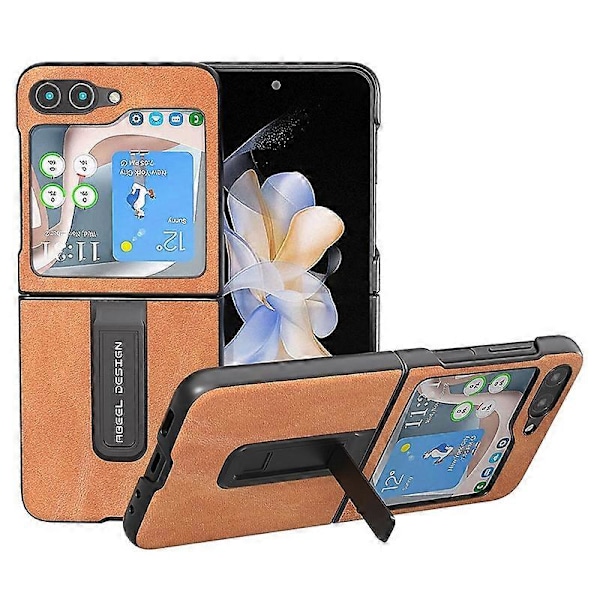 För Samsung Galaxy Z Flip5 5G Mobilskal med Kohudstruktur PU Läderbelagd PC Ställ Multicolor Style A